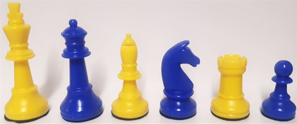 Schachfiguren gelb/blau KH 93 mm mit Filz