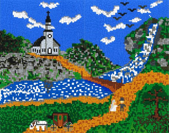 Stickit-Pixel Kirche am Fluss