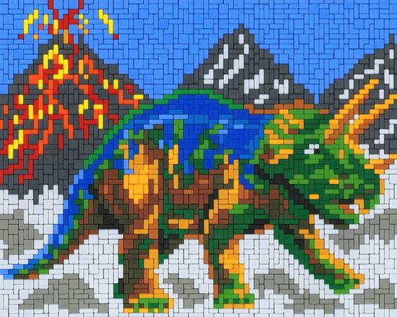 Stickit-Pixel Triceratops mit Vulkan