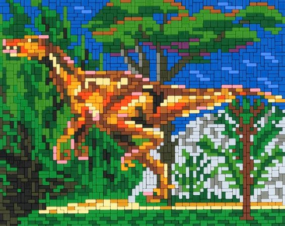 Stickit-Pixel Velociraptor mit Landschaft
