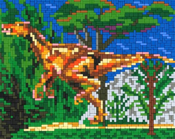 Stickit-Pixel Velociraptor mit Landschaft